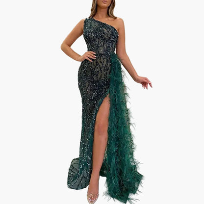 Vestido de noche para mujer de un solo hombro con lentejuelas y plumas – Vestido de fiesta elegante para ocasiones especiales
