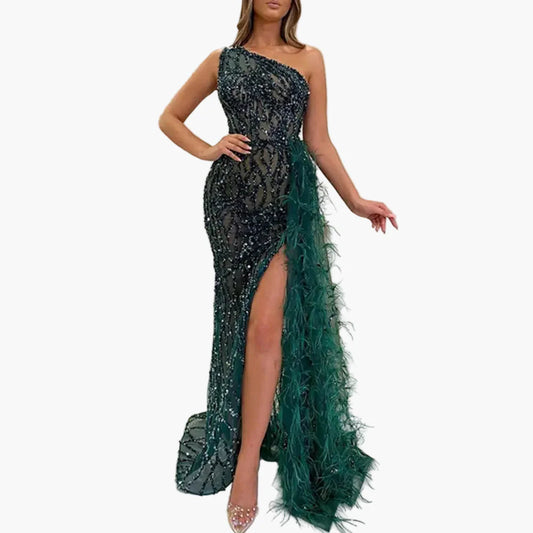 Vestido de noche para mujer de un solo hombro con lentejuelas y plumas – Vestido de fiesta elegante para ocasiones especiales