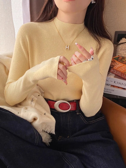 Damen Rollkragenpullover mit Daumenloch Rippstrick Enganliegend