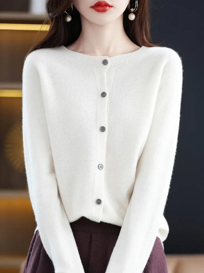 Damen Strickjacke mit Rundhalsausschnitt, Knopfleiste und langen Ärmeln, meliert grau