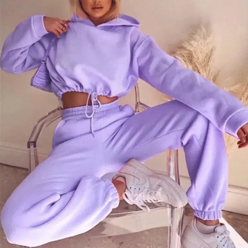 Tuta da tempo libero da donna due pezzi – Felpa con cappuccio alla moda e pantaloni da jogging per tutti i giorni e sport