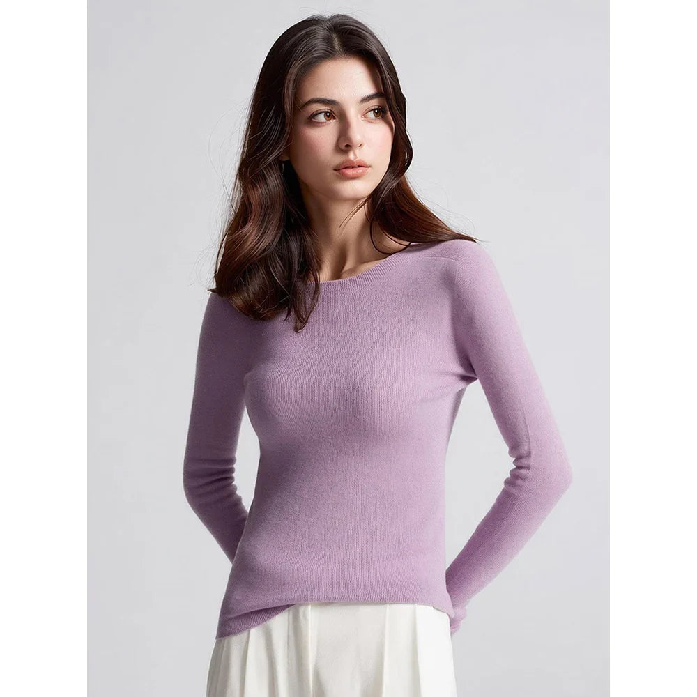 Damen Langarm Pullover Rundhals Rippstrick Optik Slim Fit