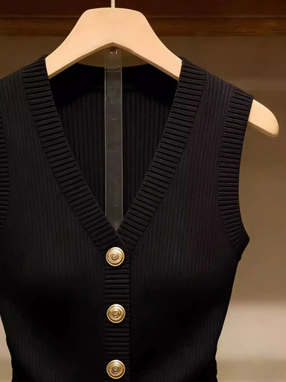 Gilet da donna in maglia nero con scollo a V e bottoni dorati