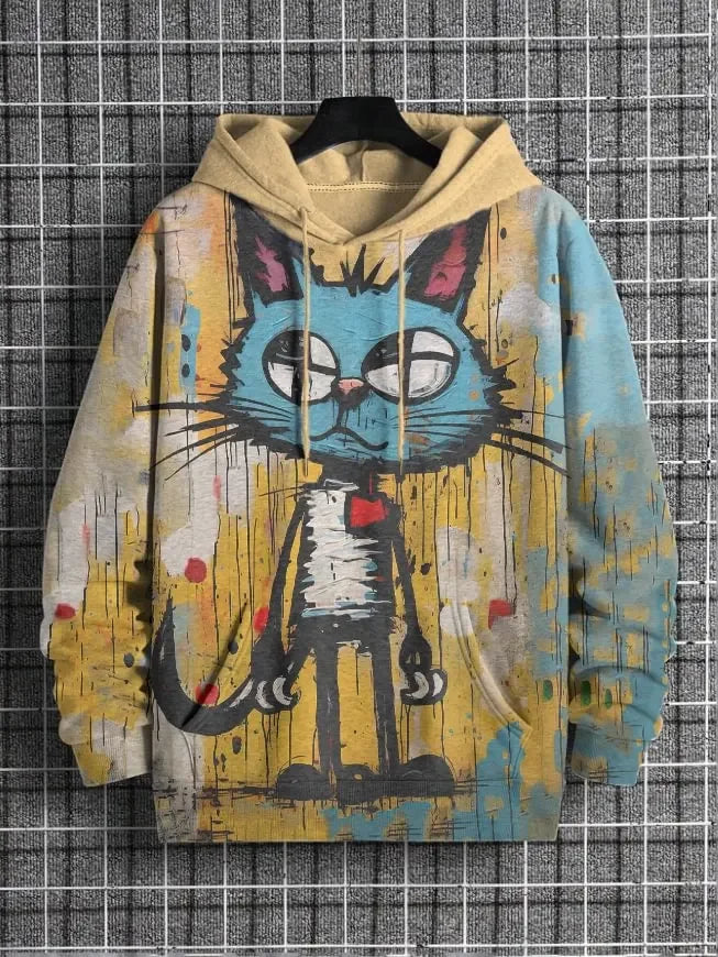 Unisex Kapuzenpullover mit Katzen-Motiv Print Kängurutasche