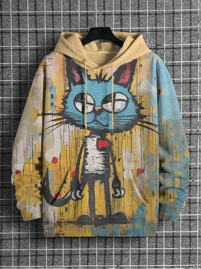 Unisex Kapuzenpullover mit Katzen-Motiv Print Kängurutasche