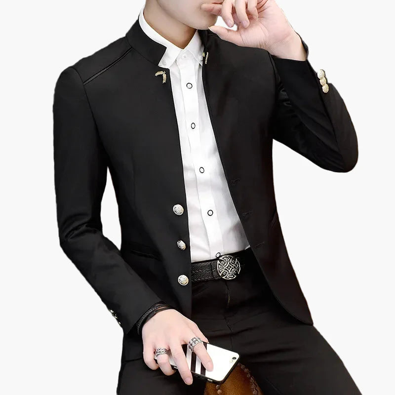 Męski blezer z kołnierzem stójką, nowoczesny, business casual, slim fit