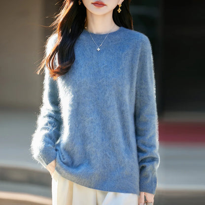 Pullover da donna in maglia, a girocollo, a maniche lunghe, morbido