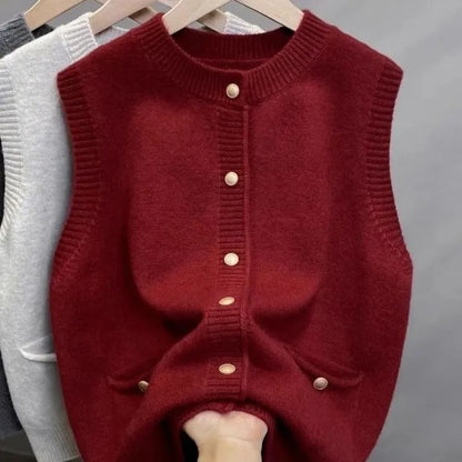 Damen Strickweste mit Rundhalsausschnitt und Knöpfen