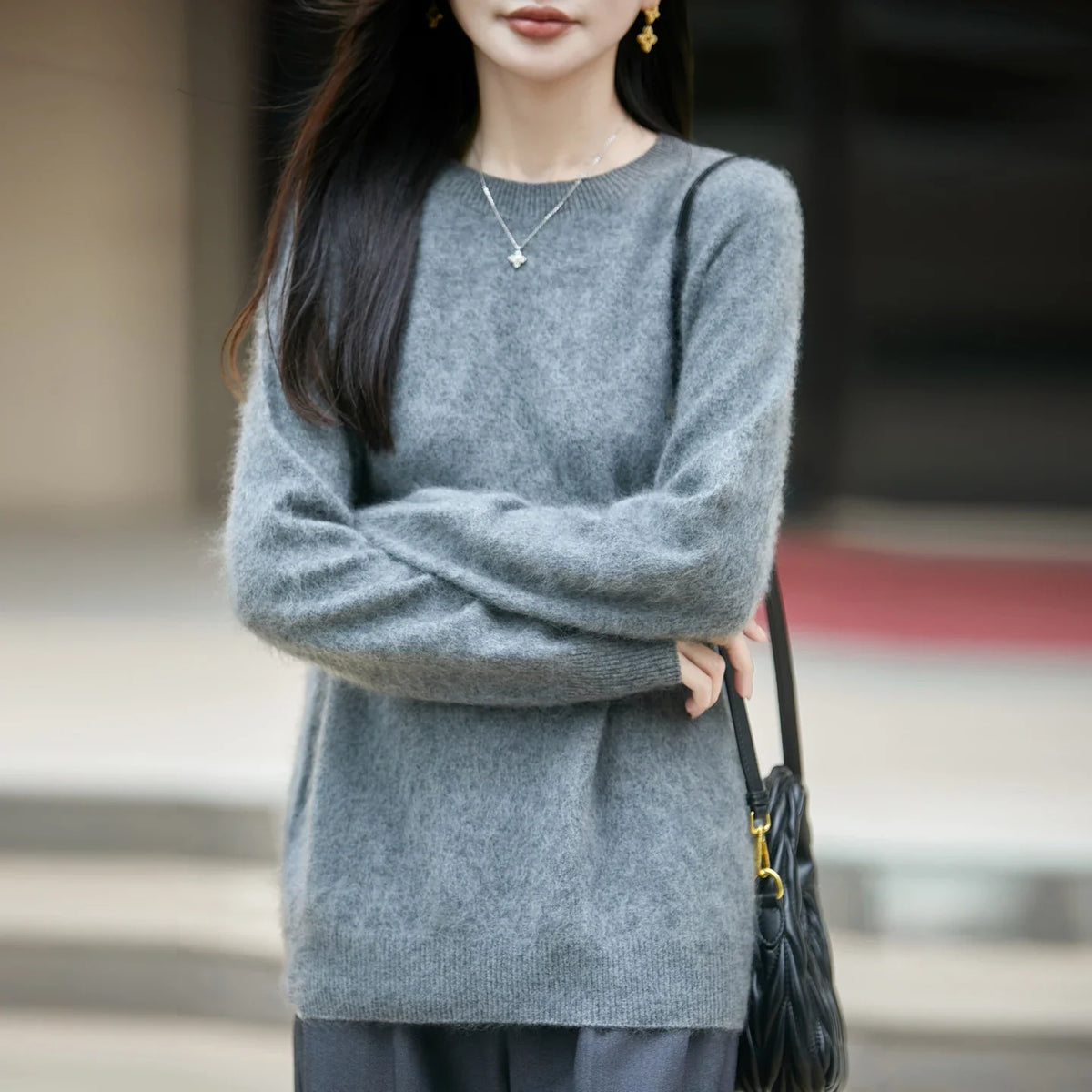Pullover da donna in maglia, a girocollo, a maniche lunghe, morbido