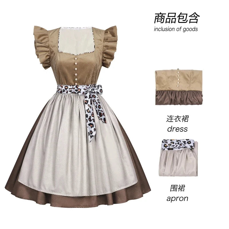 Dirndl Kleid Beige Braun mit Schürze Trachtenkleid Damen