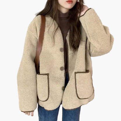 Chaqueta teddy oversize para mujer con botones y grandes bolsillos – Estilo street relajado para otoño e invierno