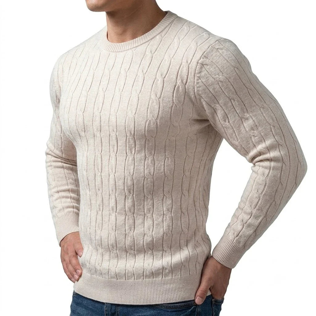 Herren Zopfmuster Pullover Rundhals Langarm Strickpullover