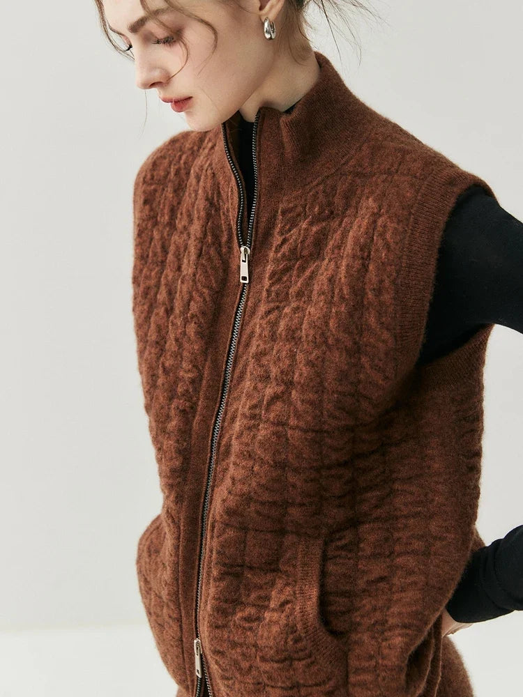 Gilet matelassé en maille pour femme avec fermeture éclair, col montant, crème