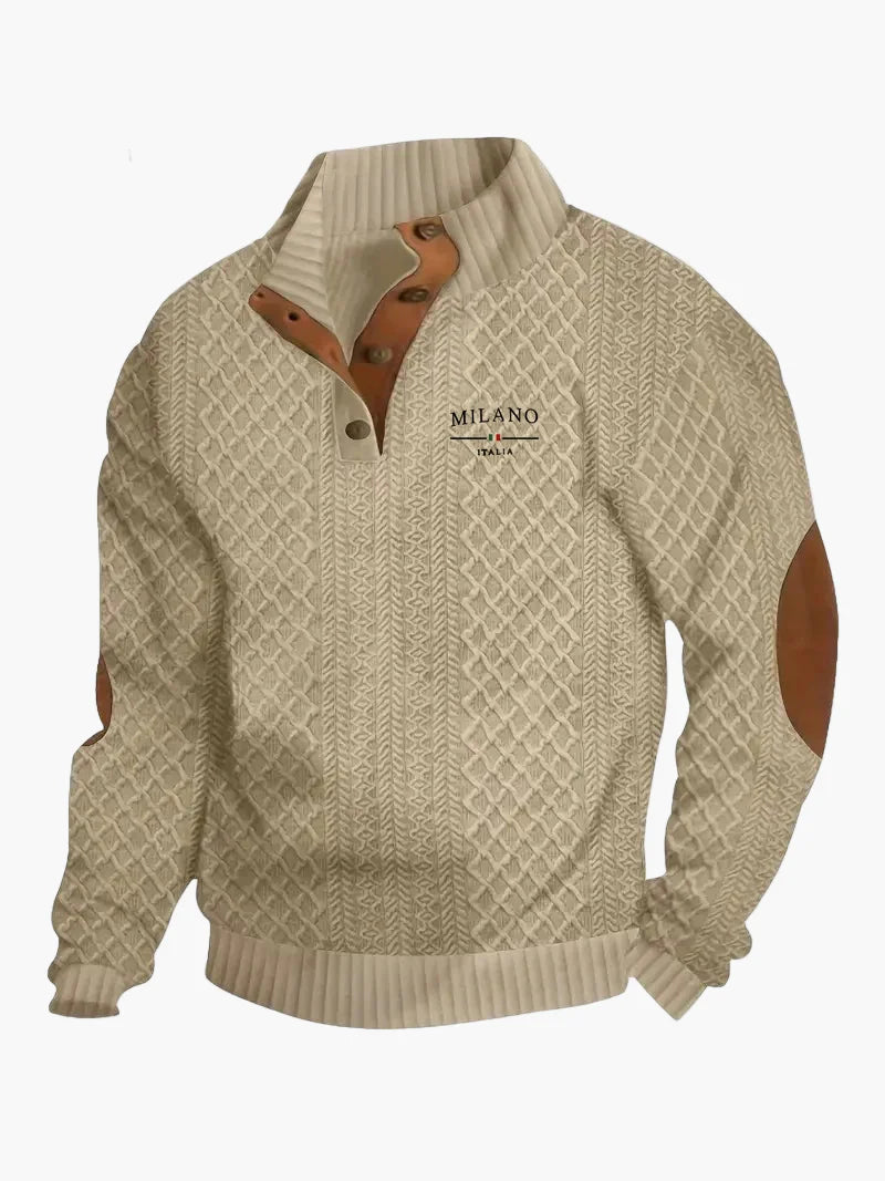Heren gebreide trui Milano Italia vintage stijl met knoopsluiting en elleboogpatches – Vrijetijd & elegantie