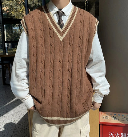 Unisex Strick Pullover Weste Zopfmuster V-Ausschnitt Gestreift