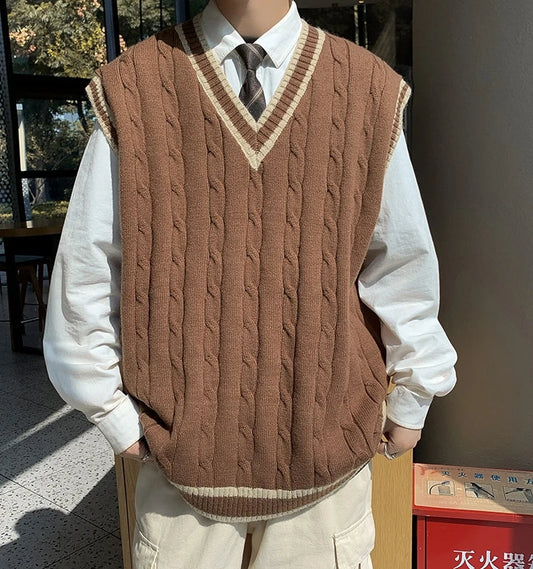 Chaleco tipo jersey de punto unisex con trenzado, escote de pico y rayas