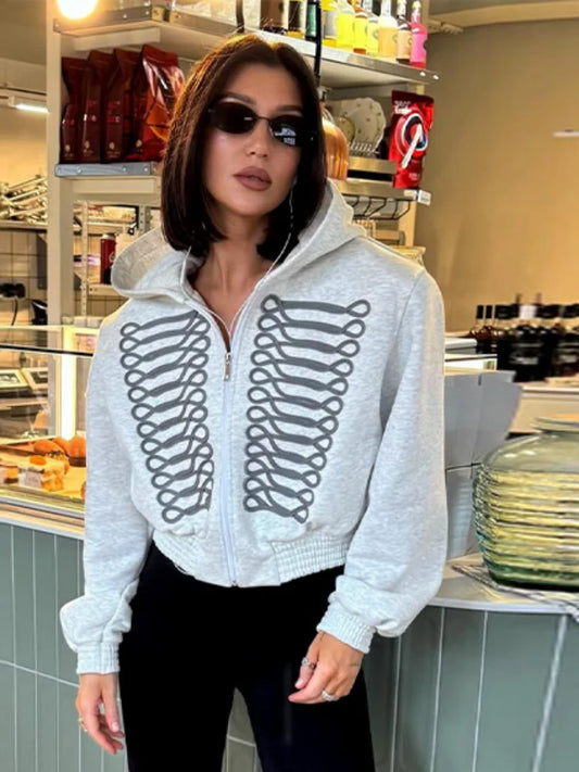 Kurzer Kapuzenpullover mit Reißverschluss und Zierbandmuster