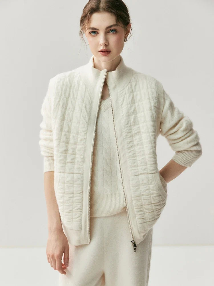 Gilet matelassé en maille pour femme avec fermeture éclair, col montant, crème