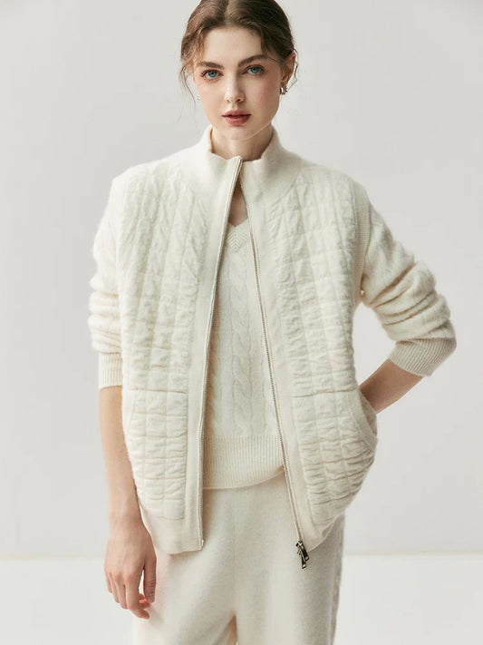 Gilet matelassé en maille pour femme avec fermeture éclair, col montant, crème
