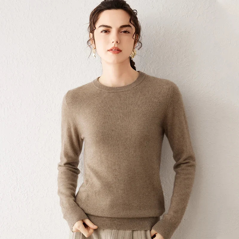 Pull femme à col rond et manches longues, maille fine, basique