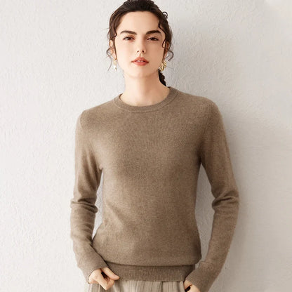 Pull femme à col rond et manches longues, maille fine, basique
