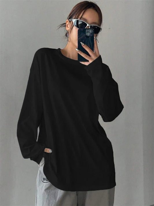 Camiseta unisex de manga larga, cuello redondo, oversize, negra y blanca