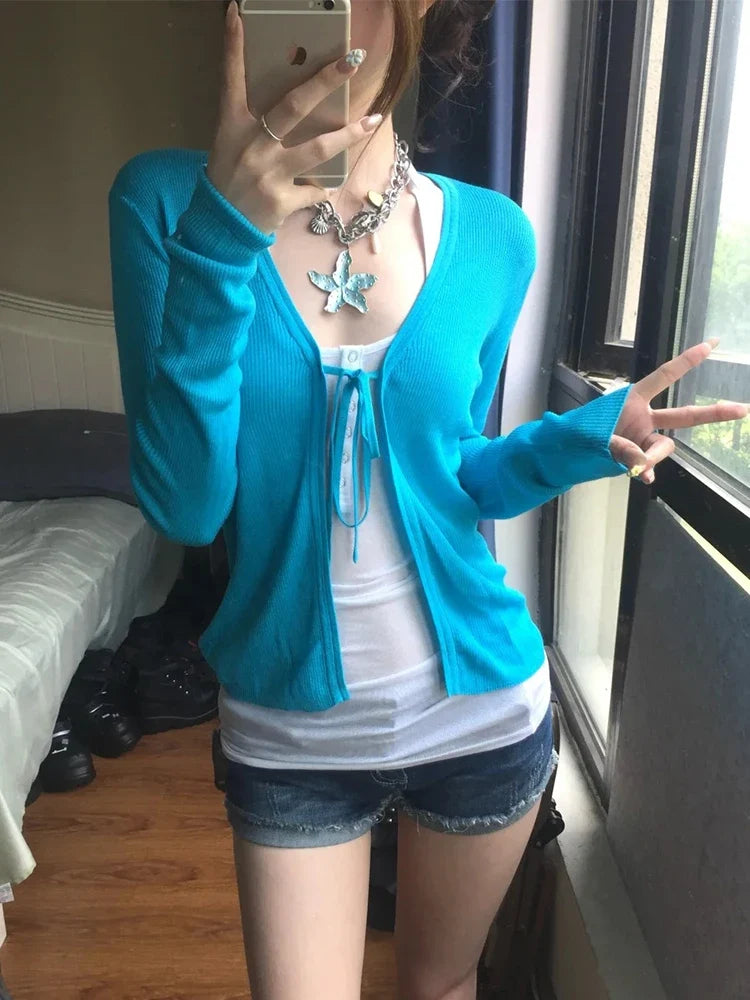 Cardigan da donna in maglia con scollo a V, maniche lunghe, blu