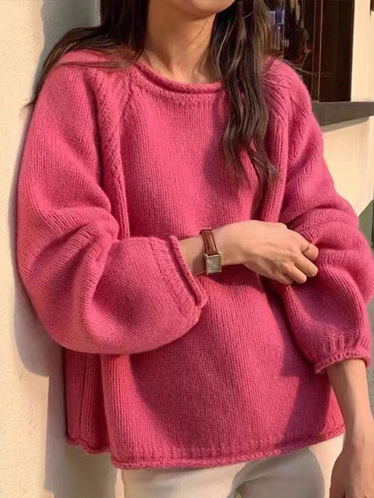Pullover oversize da donna in maglia, a girocollo, a maniche lunghe