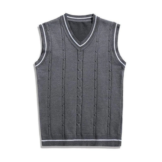 Gilet da uomo lavorato a maglia, con scollo a V, senza maniche, motivo a trecce e righe