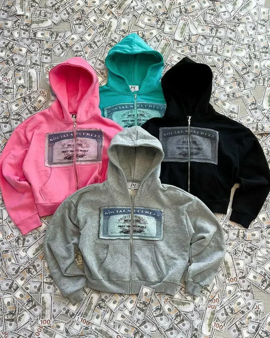 Kort hoodie med dragkedja och grafiskt tryck