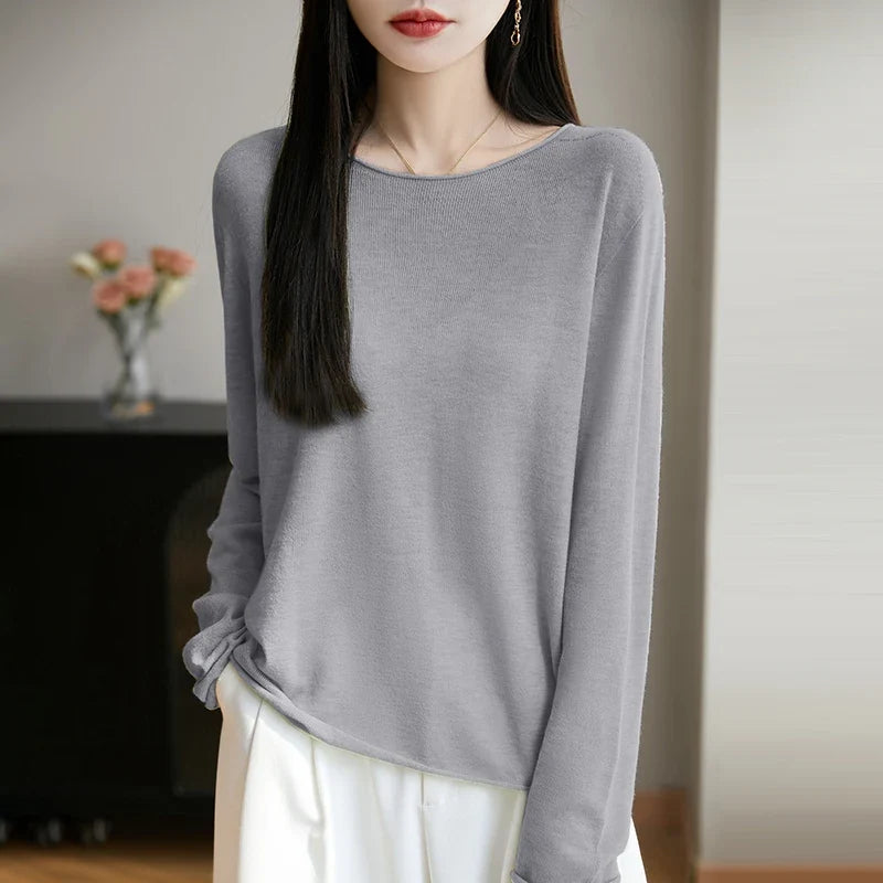 Suéter de manga larga para mujer con cuello redondo, tejido fino y diseño básico