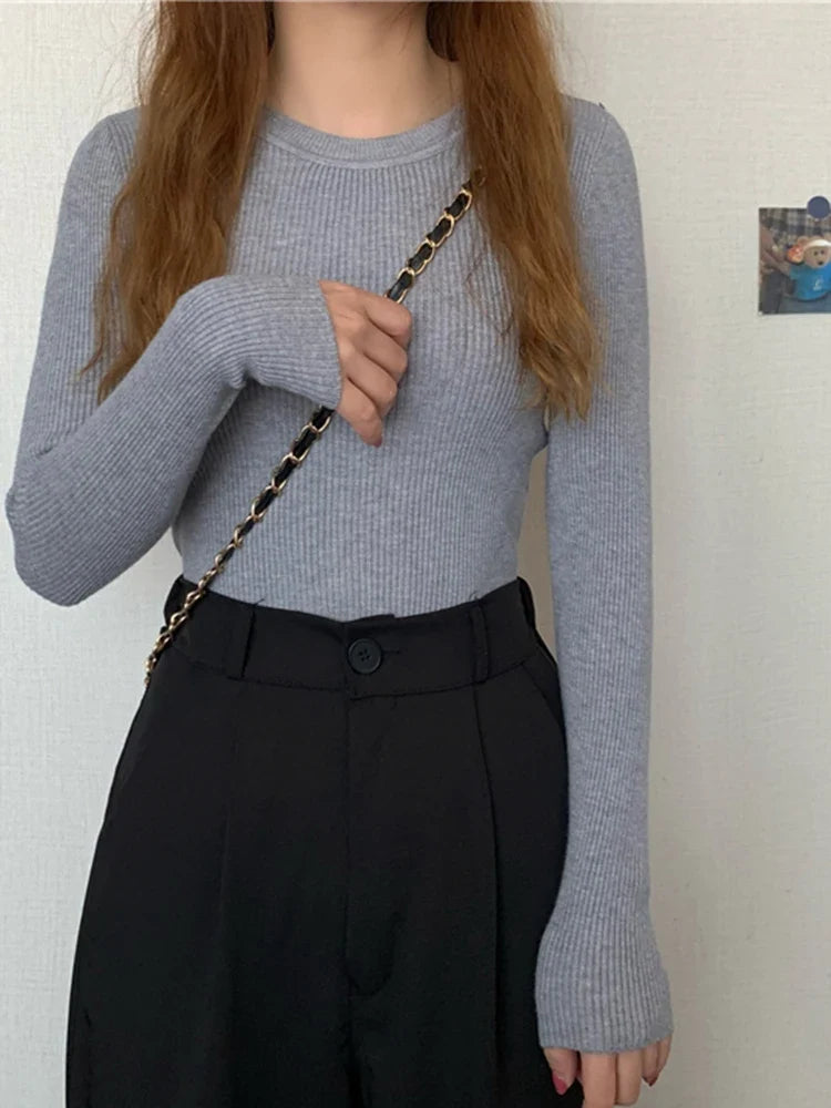 Pullover a maniche lunghe da donna, a coste, girocollo, top in vari colori