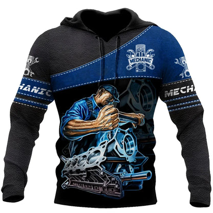 Herren Kapuzenpullover Mechanic Maschinenmotiv Hoodie Schwarz Grau