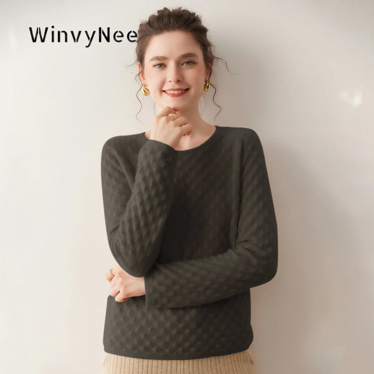 Damen Langarm Pullover mit Rundhalsausschnitt und Strukturmuster