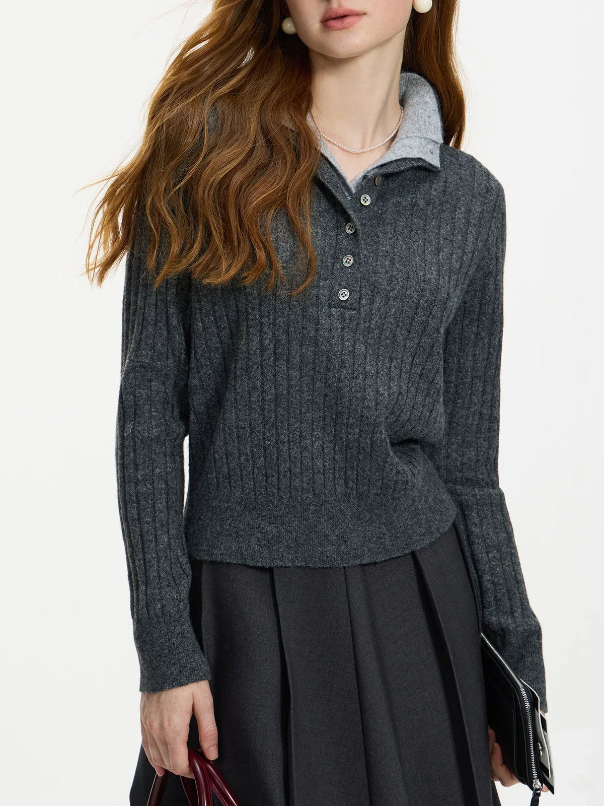 Damen Poloshirt-Pullover Grau Gerippt Langarm Knopfleiste