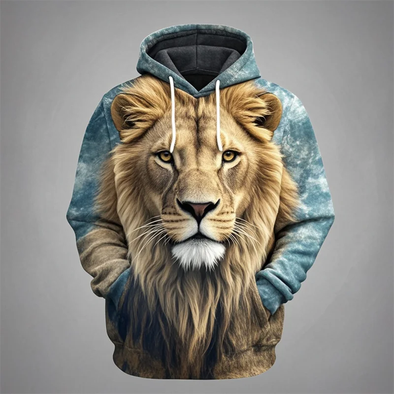 Felpa con cappuccio con stampa di testa di leone, design con motivo animale unisex