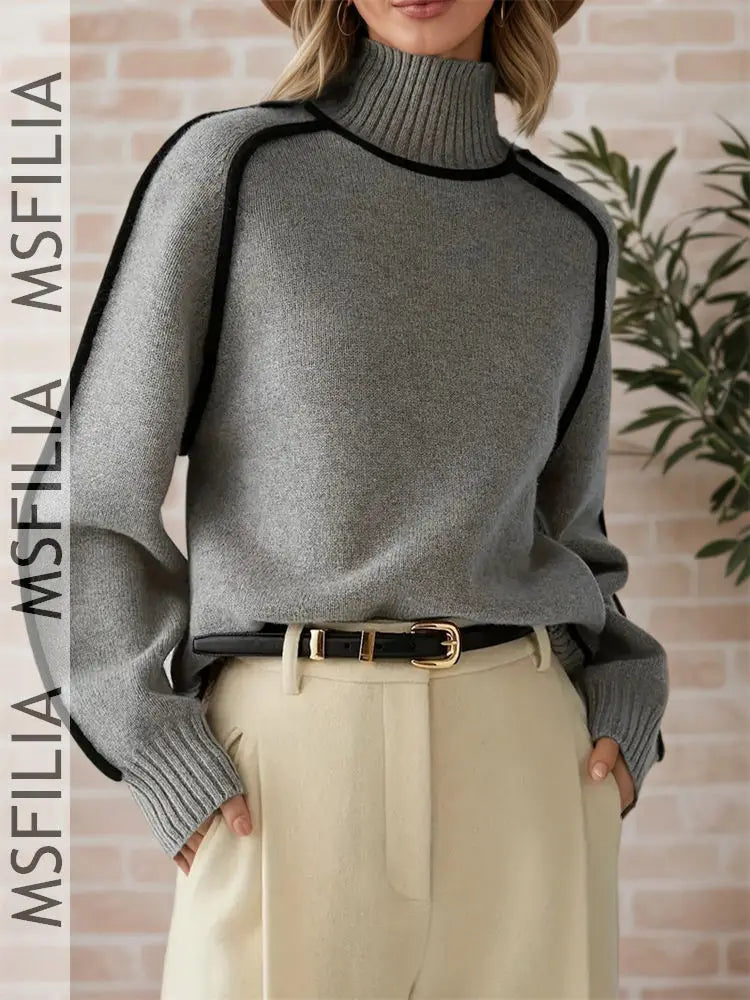 Damen Rollkragenpullover Strickpullover mit Kontraststreifen Langarm