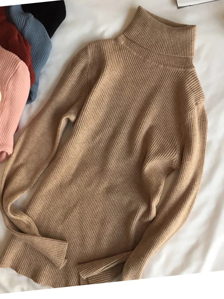 Damen Rollkragenpullover Rippstrick Langarm Eng Anliegend