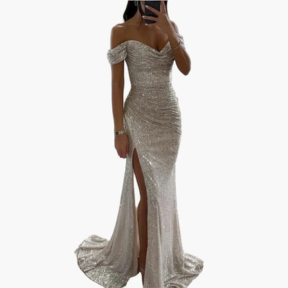 Vestido de noche elegante para mujer off-shoulder con abertura alta – Perfecto para ocasiones festivas y galas