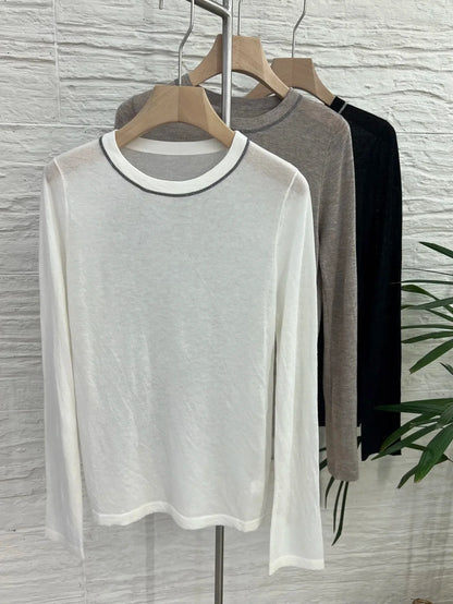 T-shirt en maille fine à manches longues pour femme, col rond