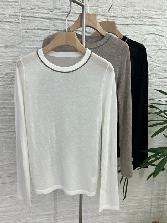 Damen Langarmshirt leicht gestrickt Rundhalsausschnitt Feinstrick