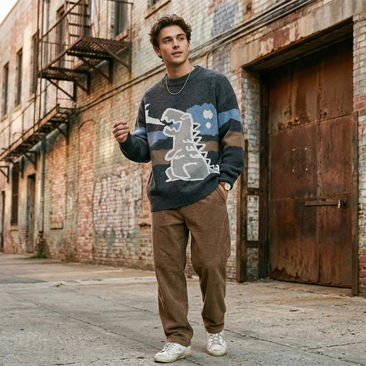 Pullover in maglia con motivo dinosauro, girocollo, maniche lunghe