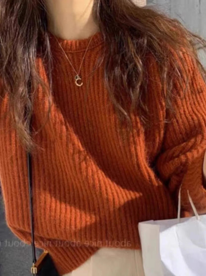 Pullover da donna lavorato a maglia grossa, girocollo, color ruggine