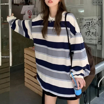 Gestreiftes Langarmshirt Damen Oversize Rundhals Mehrfarbig