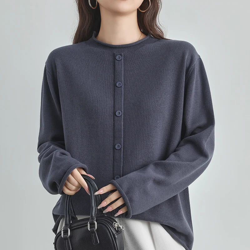 Damen Strickjacke mit Rundhalsausschnitt Knopfleiste Langarm