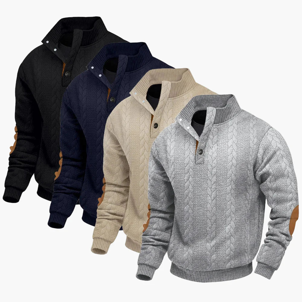 Męski sweter z dzianiny ze stójką, modnym warkoczowym wzorem i łatami na łokciach – Swobodny sweter outdoor na co dzień i czas wolny
