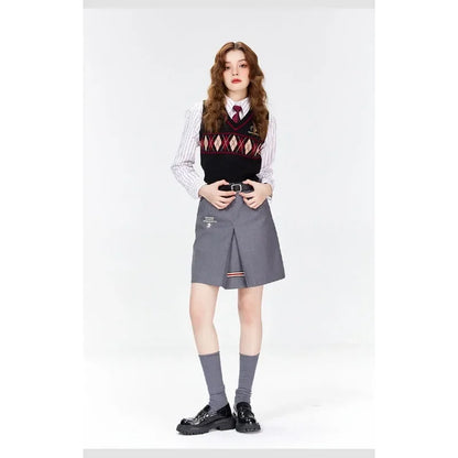 Damen V-Ausschnitt Strickweste Schwarz Argyle-Muster