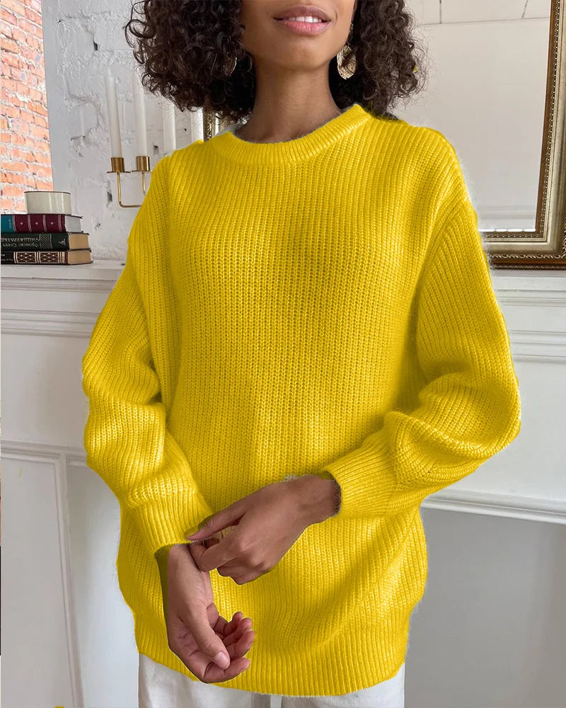 Damen Oversize Strickpullover Rundhals Rippstrick
