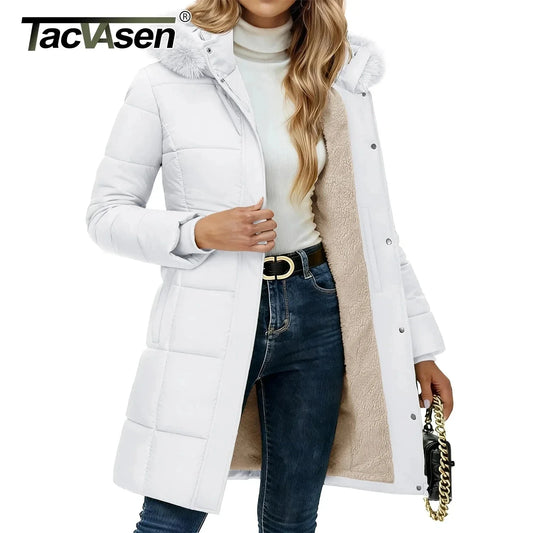 Manteau d’hiver long pour femme avec capuche et imitation fourrure, doudoune matelassée doublée et chaude