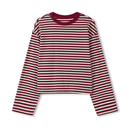 Haut rayé à manches longues pour femmes, col rond, crop top
